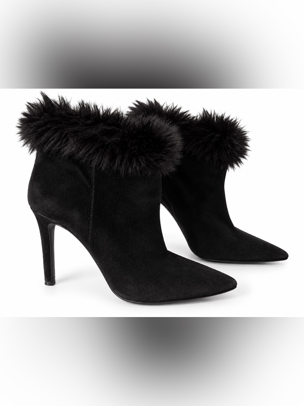 Jessica Simpson Black Suede Faux Fur-Trim Pointed Ankle Boots